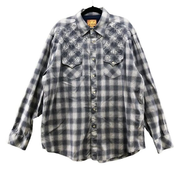 R-Vintage Mens Western Pearl Snap Button Embroidered Shirt Size XXL Blue Cowboy - Picture 1 of 9